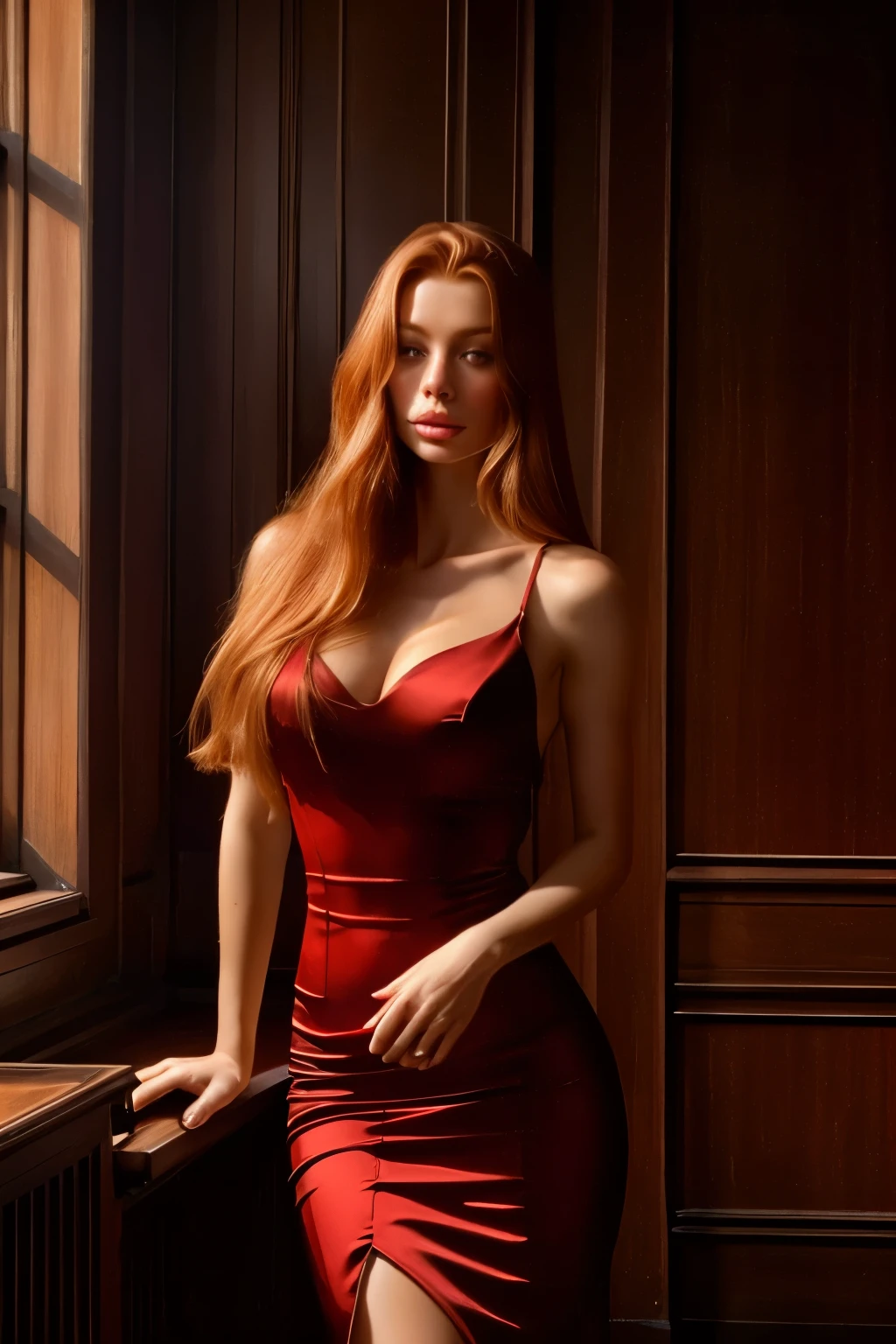 a ginger beautiful woman, dressing a very elegant scarlett red dress, fleshy lips, dark long silky hair, mysterious and sensual look, she seems to be confident, elegant and magnetic woman, she is inside an ancient XIX century room, soft light.