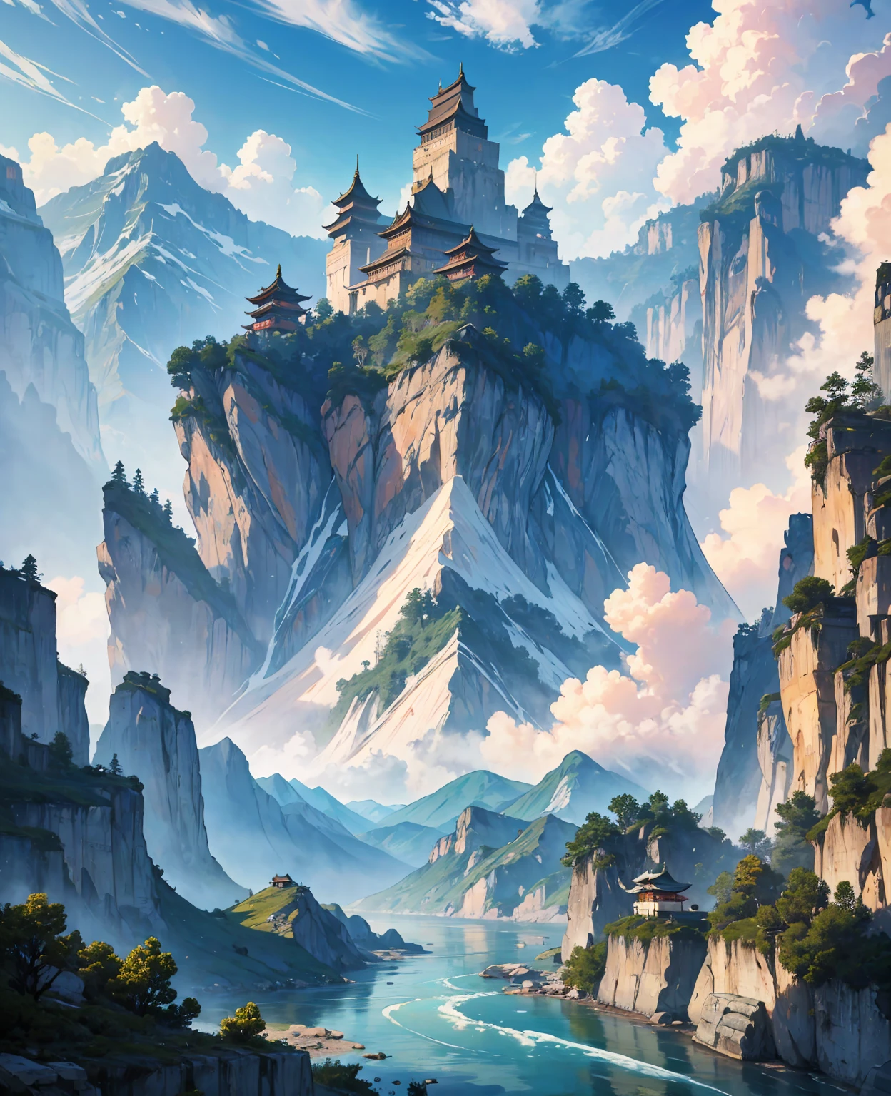 Ancient Chinese scenery, mountains, rivers, auspicious clouds, sunshine, masterpieces, super detail, epic composition, ultra HD, high quality, extremely detailed, official art, unified 8k wallpaper, Super detail, 32k -- v 6