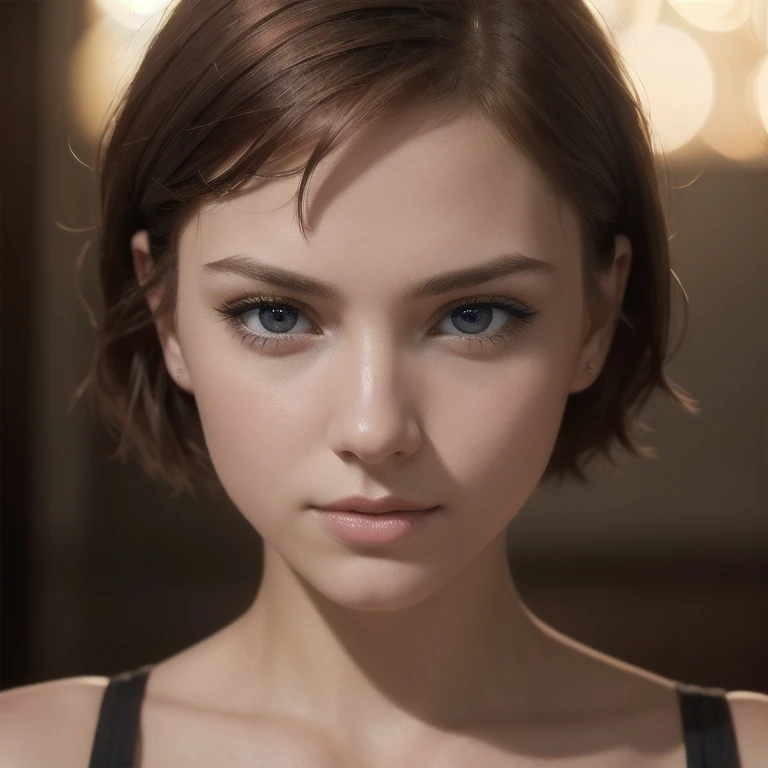 a young short-haired woman with a round face and bright eyes, redhead, beautiful detailed eyes, beautiful detailed lips, extremely detailed eyes and face, longeyelashes, detailed facial features, woman, portrait, oil painting, photorealistic, (best quality,4k,8k,highres,masterpiece:1.2),ultra-detailed,(realistic,photorealistic,photo-realistic:1.37),vivid colors,warm lighting,chiaroscuro,dramatic lighting,cinematic