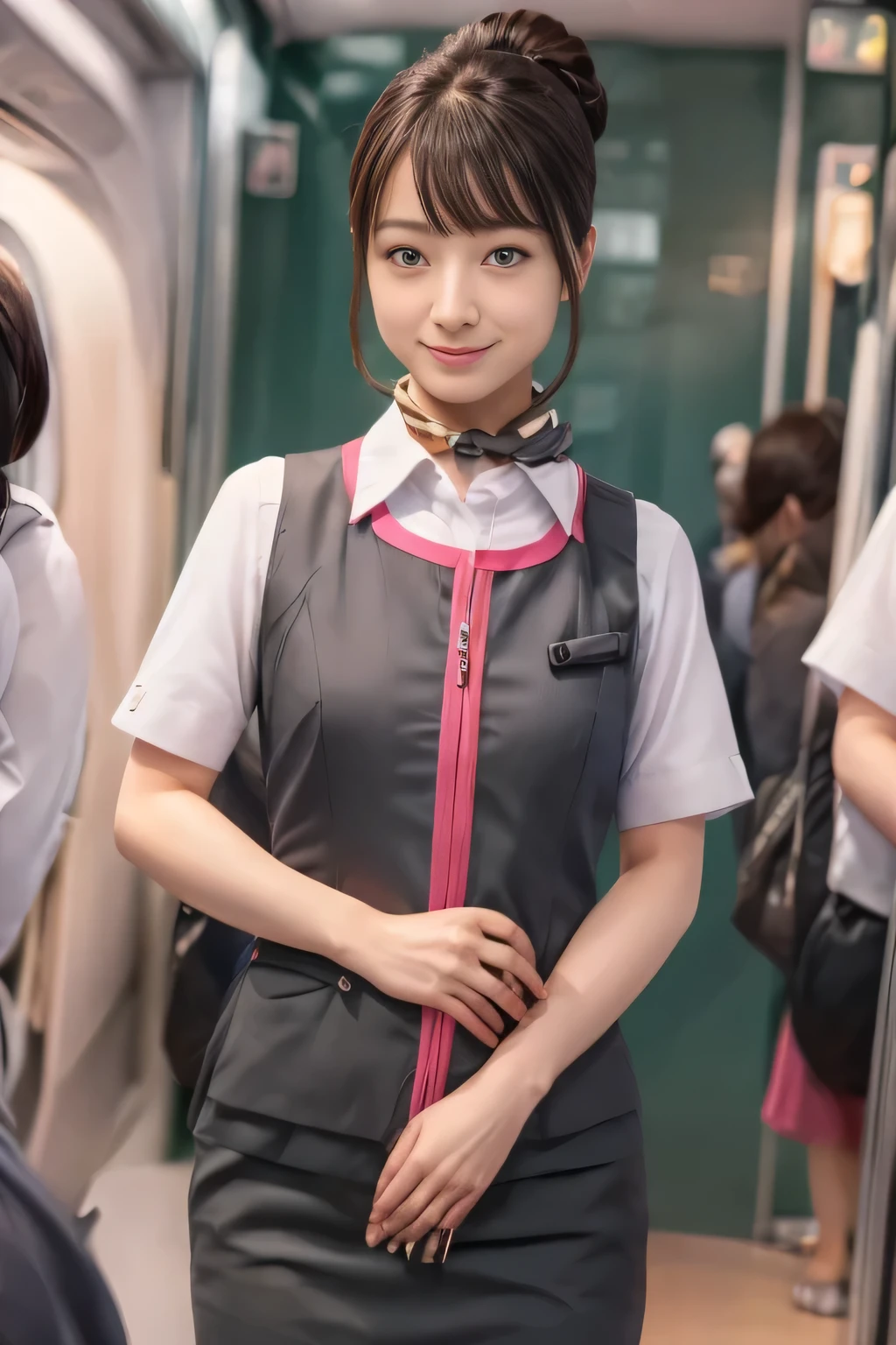 (masterpiece:1.2, Highest quality:1.2), 32k HDR, High resolution, (alone、One girl)、(At the station platform、Professional Lighting)、Empty train station platform background、(Realistic style of JR Gran Class crew uniform)、Short sleeve blouse、a scarf around the neck、(JR Gran Class flight attendant uniform with pink parts on the skirt sleeves)、(The uniform of a flight attendant in JR Gran Class has a pink line on the front zipper of the vest.)、Dark brown hair、(Long hair that goes up to the chest、Let your hair down)、Dark brown hair、Long Shot、Big Breasts、((Great hands:2.0)),((Harmonious body proportions:1.5)),((Normal limbs:2.0)),((Normal finger:2.0)),((Delicate eyes:2.0)),((Normal eyes:2.0)))、Big Breasts、Luxury Necklace、smile、Beautiful standing posture,Place your hands around your stomach