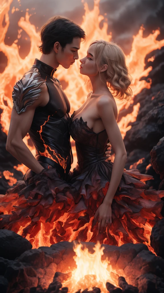 masterpiece，Highest quality，Rich in details，high resolution，flame/fiery的焰/flame，Dynamic Scene Scale 1.3，Romantic couple kissing in the fire，Firestorm，on fire，Bizarre fantasy image，Excellent skin texture，Magic Circle，Casting a Spell，strange，紫色strength，strength，fiery，meteor。