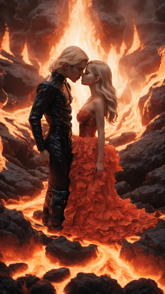 masterpiece,Highest quality,Rich in details,high resolution,flame/fiery的焰/flame,Dynamic Scene Scale 1.3,Romantic couple kissing in the fire,Firestorm,on fire,Bizarre fantasy image,Excellent skin texture,Magic Circle,Casting a Spell,strange,紫色strength,strength,fiery,meteor。