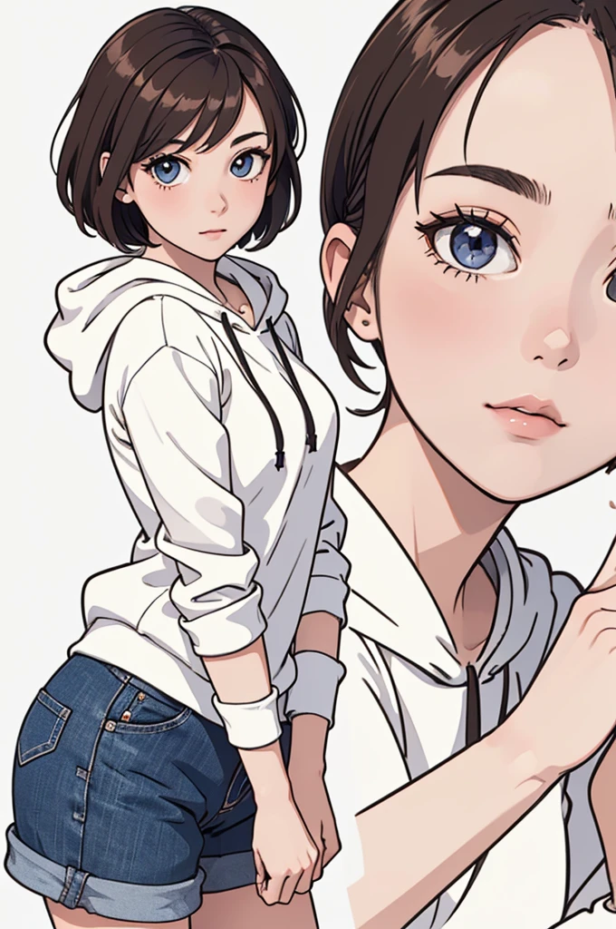 (((masterpiece, best quality, ultra highres, 1 girl, solo, white background))), super detailed skin and face and eyes and finger, beautiful japanese woman, small breasts:1.5, skinny, light brown hair, white background, very short pixie hair, (an illustration of girl), Knee shot, Generate with illustrations, Various expressions, Various poses, Please draw the entire character within the frame, ensuring that the head, arms, and legs are not cut off. The background should be simple, with the character positioned centrally, outline, anime, hoodie,