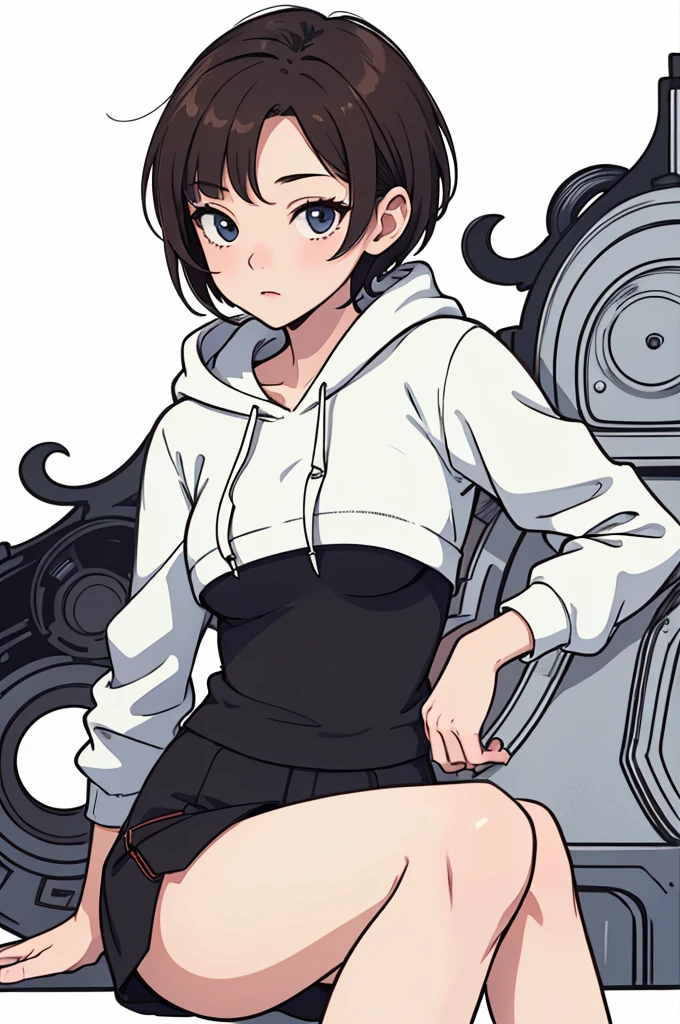 (((masterpiece, best quality, ultra highres, 1 girl, solo, white background))), super detailed skin and face and eyes and finger, beautiful japanese woman, small breasts:1.5, skinny, light brown hair, white background, very short pixie hair, (an illustration of girl), Knee shot, Generate with illustrations, Various expressions, Various poses, Please draw the entire character within the frame, ensuring that the head, arms, and legs are not cut off. The background should be simple, with the character positioned centrally, outline, anime, hoodie,