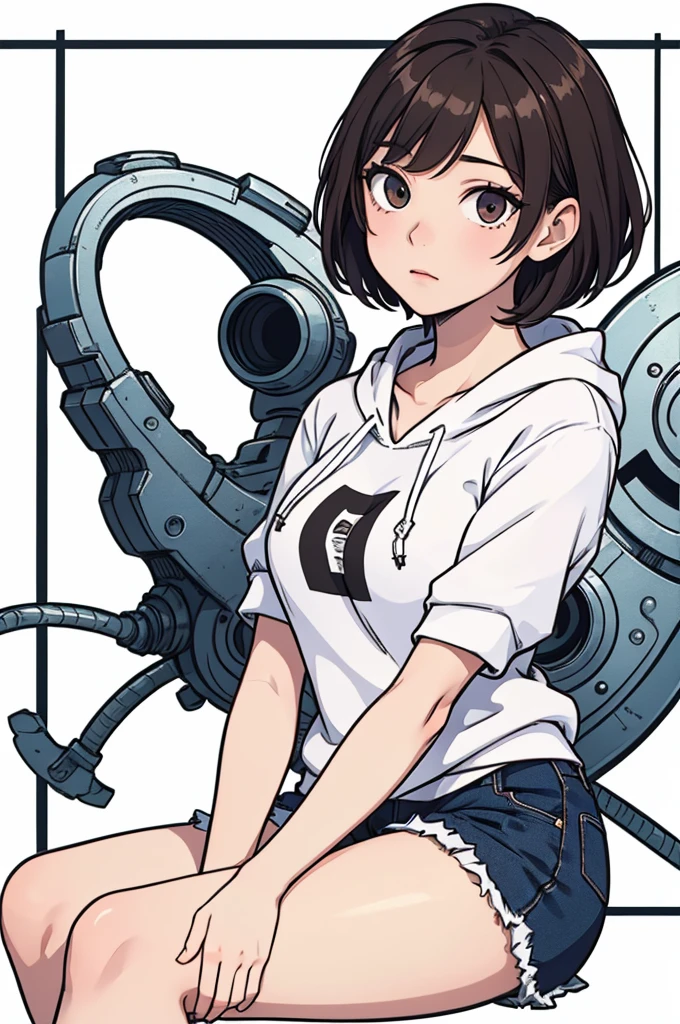 (((masterpiece, best quality, ultra highres, 1 girl, solo, white background))), super detailed skin and face and eyes and finger, beautiful japanese woman, small breasts:1.5, skinny, light brown hair, white background, very short pixie hair, (an illustration of girl), Knee shot, Generate with illustrations, Various expressions, Various poses, Please draw the entire character within the frame, ensuring that the head, arms, and legs are not cut off. The background should be simple, with the character positioned centrally, outline, anime, hoodie,