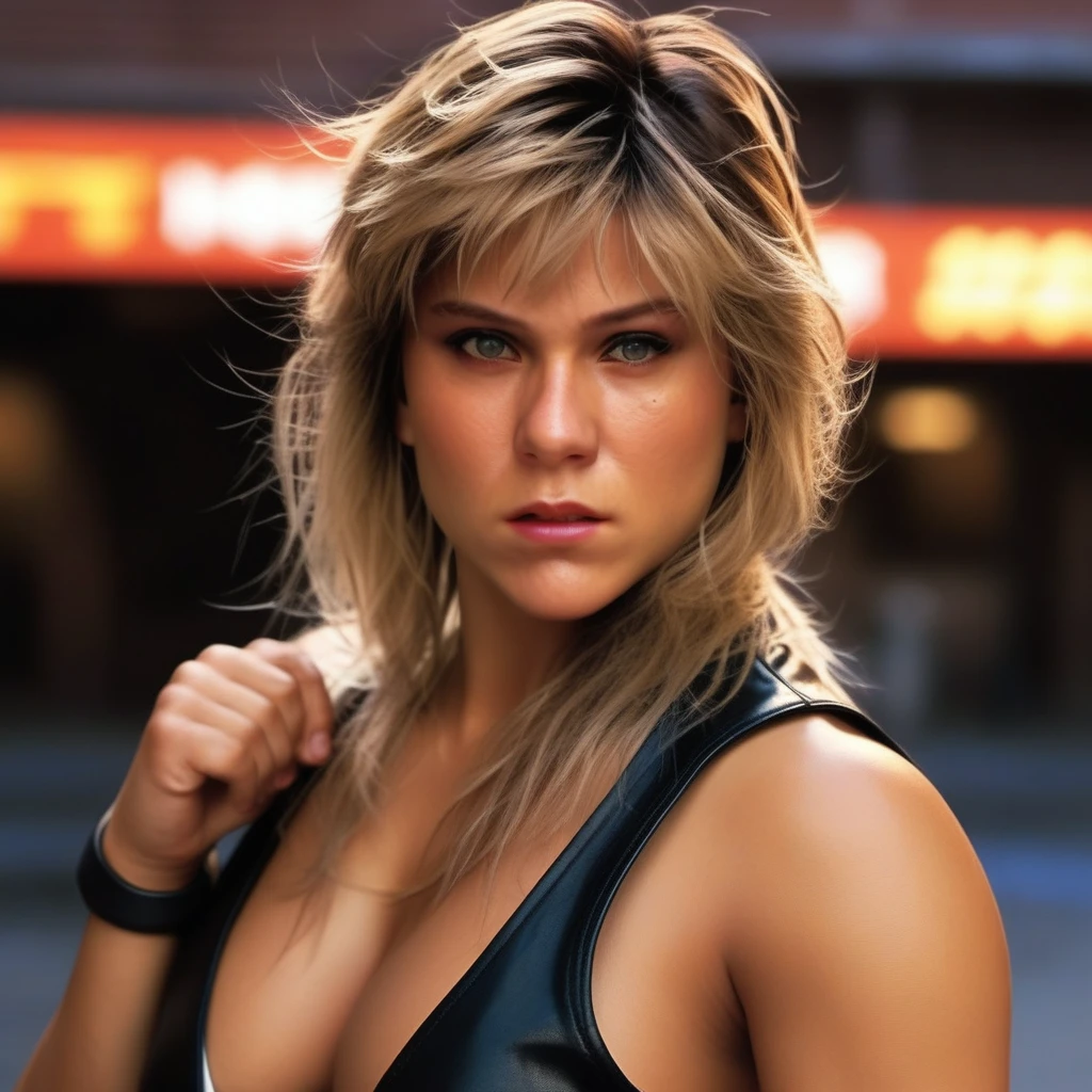 photorealistic realistic woman street fighter, 1 girl, extremely detailed face, beautiful detailed eyes, beautiful detailed lips, extremely detailed hair, muscular athletic body, martial arts pose, intense expression, dark alleyway, gritty urban environment, wet asphalt, neon lights, dramatic lighting, cinematic, hyper detailed, 8k, high resolution, masterpiece, (best quality,4k,8k,highres,masterpiece:1.2),ultra-detailed,(realistic,photorealistic,photo-realistic:1.37),HDR,UHD,studio lighting,ultra-fine painting,sharp focus,physically-based rendering,extreme detail description,professional,vivid colors,bokeh