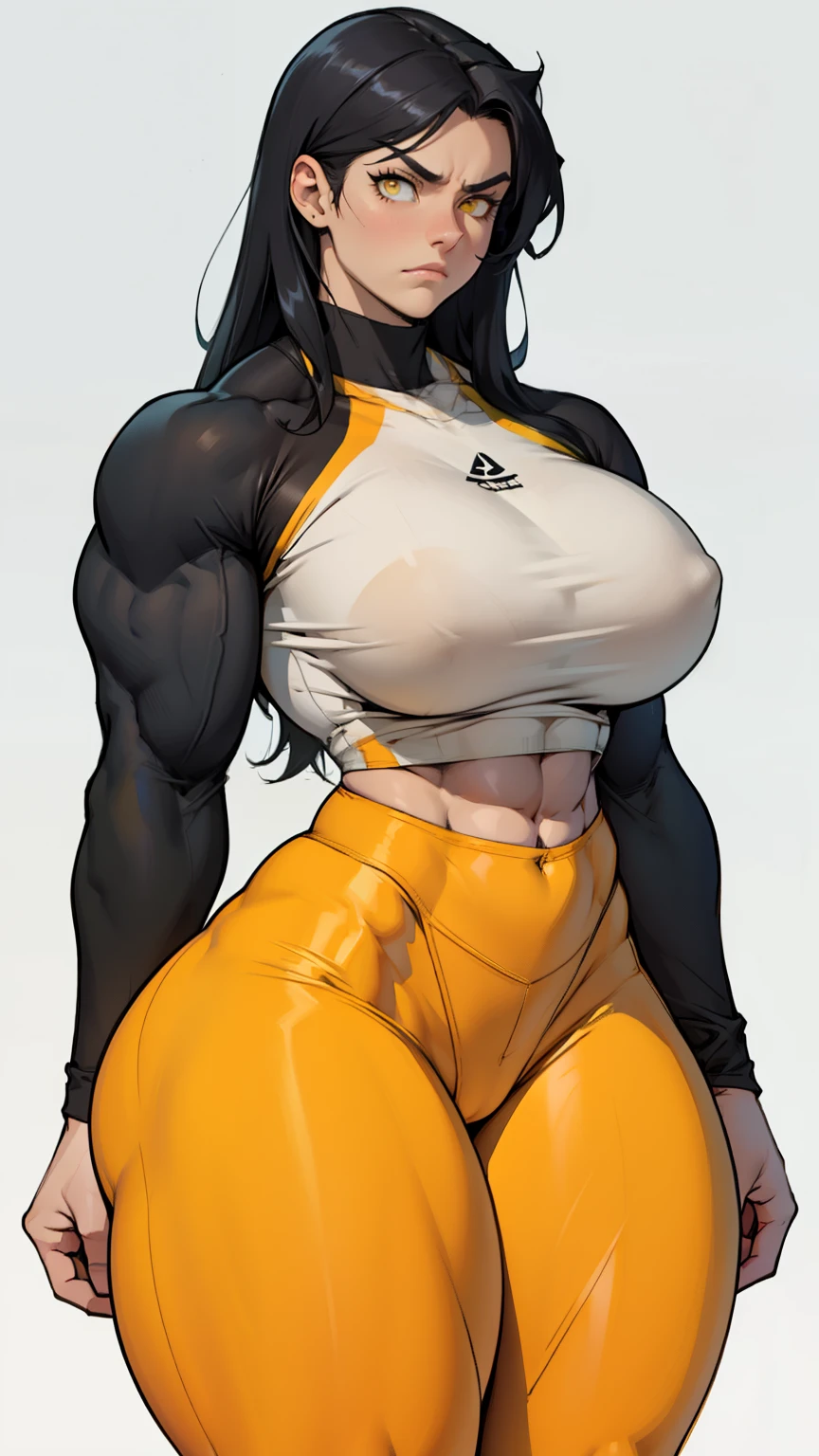 massive breasts huge muscles muscular girl toned body bodybuilder grey background leggings tight shirt black hair yellow eyes pale skin long hair wide hips curvy thick thighs thick thick thick thick tight sad frown expressionless