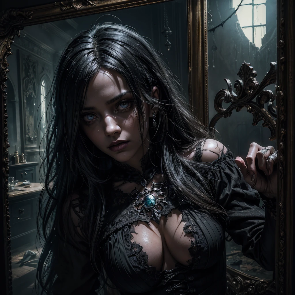 a dark female shadow with eyes illuminated like fairy lights,mirror in abandoned gothic style room,broken plaque with photo on ground,detailed eyes,highly detailed face,dramatic lighting,cinematic,moody atmosphere,dark fantasy,chiaroscuro,dramatic contrast,dark colors,dramatic shadows,eerie,unsettling,gothicdecor,decaying textures,cracked walls,dusty,cobwebs,best quality,8k,highres,masterpiece,ultra-detailed,realistic,photorealistic,photo-realistic,HDR,UHD,studio lighting,ultra-fine painting,sharp focus,physically-based rendering,extreme detail description,professional,vivid colors,bokeh