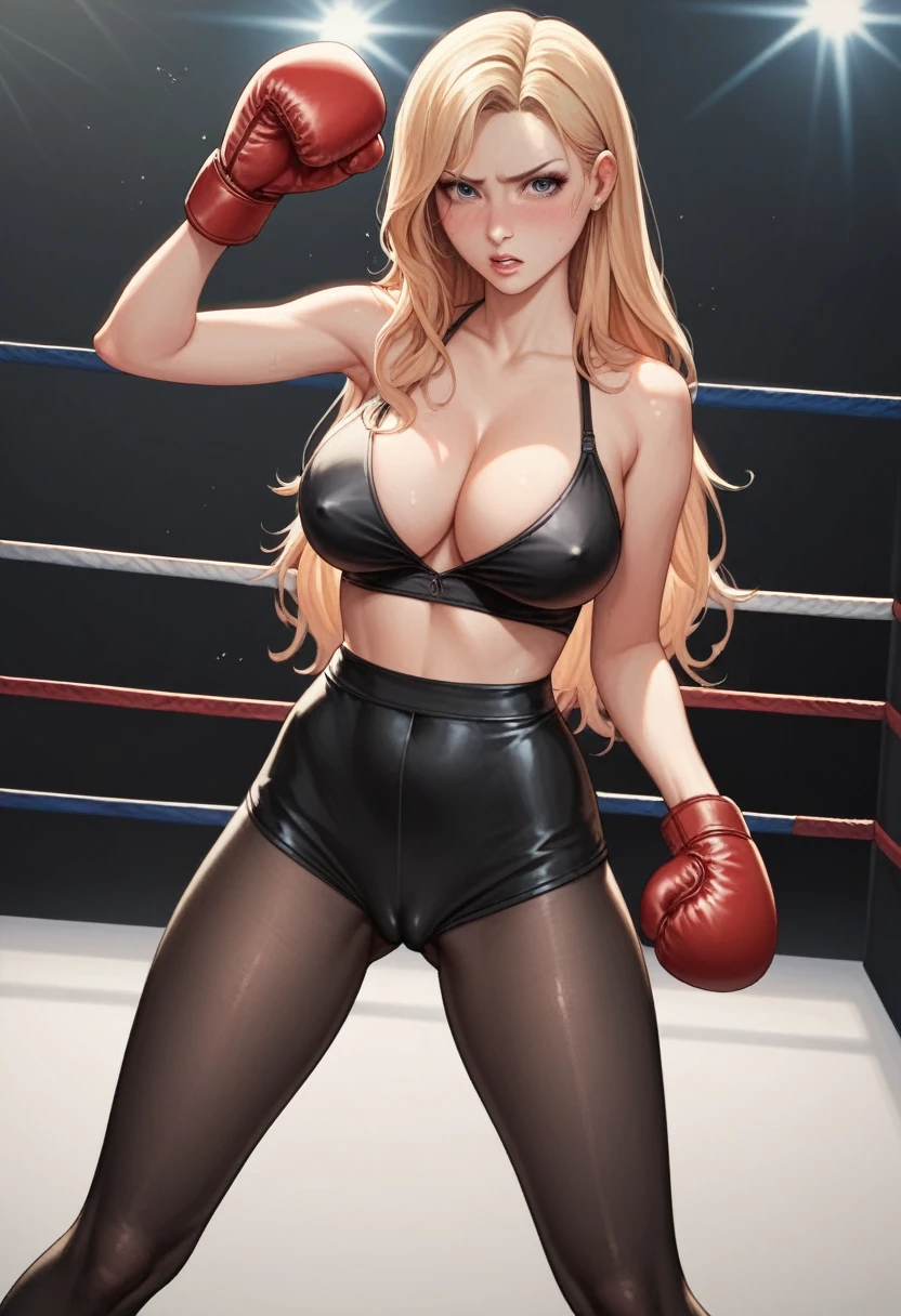 A slim Korean beauty,detailed picture, Shy expression, blush,Light long hair, Wearing a black jumpsuit, Wearing black tights, Wearing boxing gloves, Standing alone in the boxing ring, punching,Large Breasts,Cleavage,Thin legs,nipple,Camel toe
