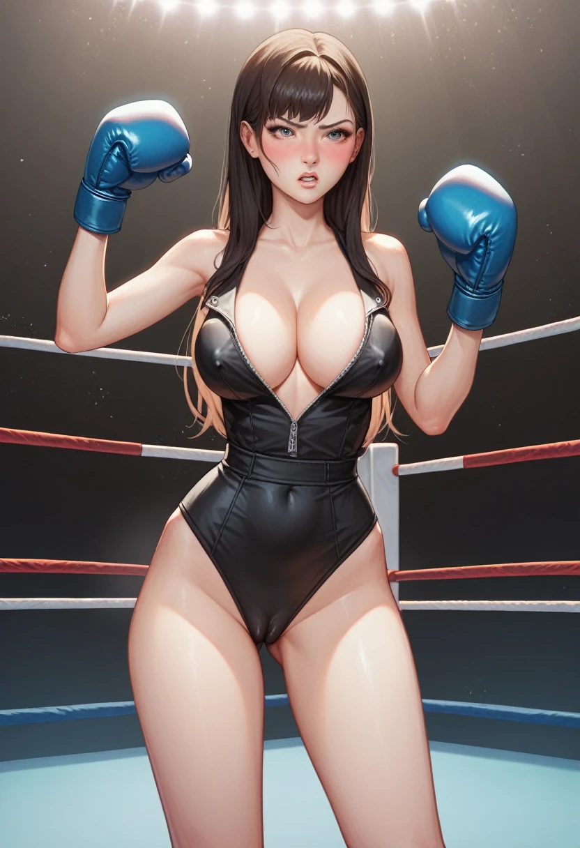 A slim Korean beauty,detailed picture, Shy expression, blush,Light long hair, Wearing a black jumpsuit, Wearing black tights, Wearing boxing gloves, Standing alone in the boxing ring, punching,Large Breasts,Cleavage,Thin legs,nipple,Camel toe