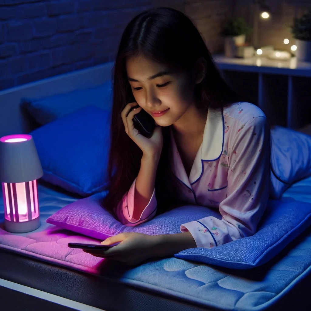 a 20 year old Indonesian girl was holding her chin while making a phone call on the bed , wearing pajamas to sleep, The background of the dark room is illuminated by the light of a bedroom lamp and the LED light glowing blue and pink