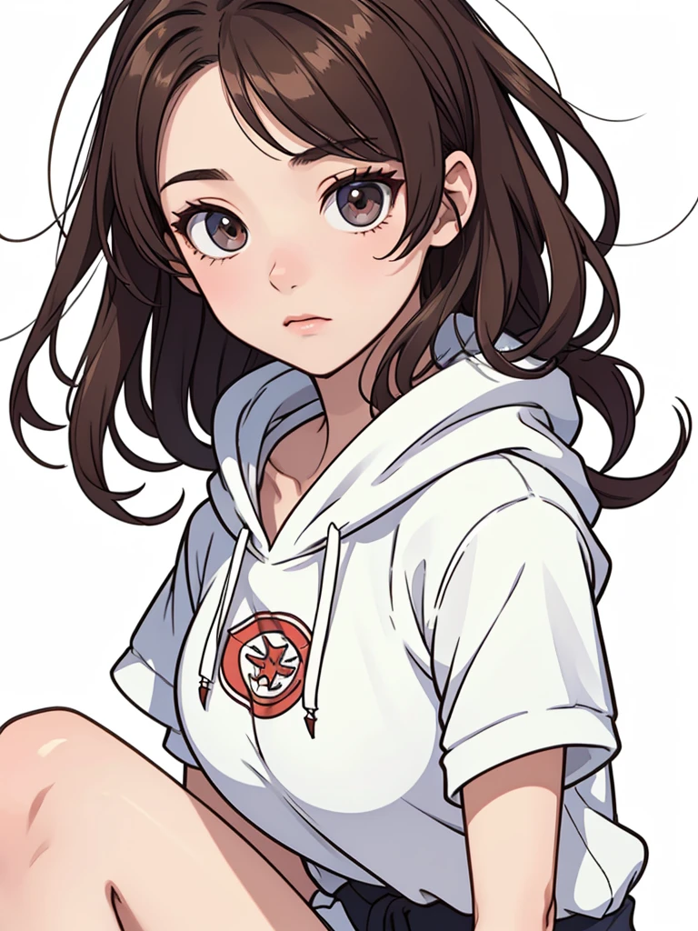 (((masterpiece, best quality, ultra highres, 1 girl, solo, white background))), super detailed skin and face and eyes and finger, beautiful japanese woman, small breasts:1.5, skinny, light brown hair, white background, very short pixie hair, (an illustration of girl), Knee shot, Generate with illustrations, Various expressions, Various poses, Please draw the entire character within the frame, ensuring that the head, arms, and legs are not cut off. The background should be simple, with the character positioned centrally, outline, anime, hoodie,
