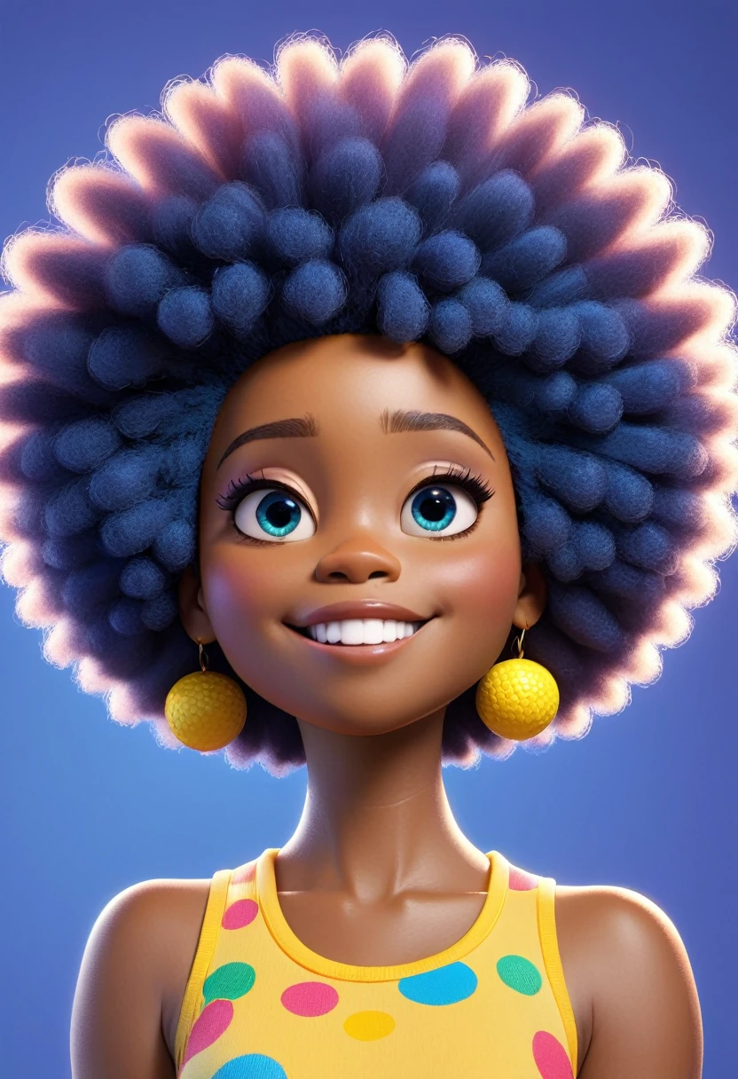  de 25 anos, hair blue, fun style, 3d pixar style, (best qualityer, 4K, 8K, high resolution, work of art:1.2), ultra-detailed afro hair, (realisitic, photorealisitic, photo-realisitic:1.37), portraits, bright coloured, studio lighting