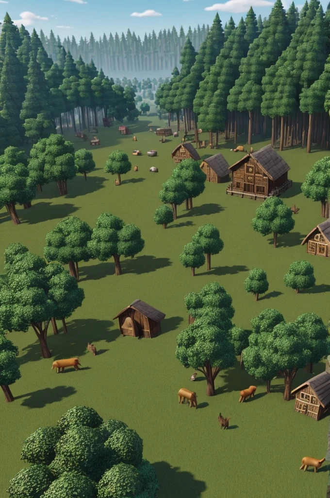 Create a forest where a town hides hunting for food