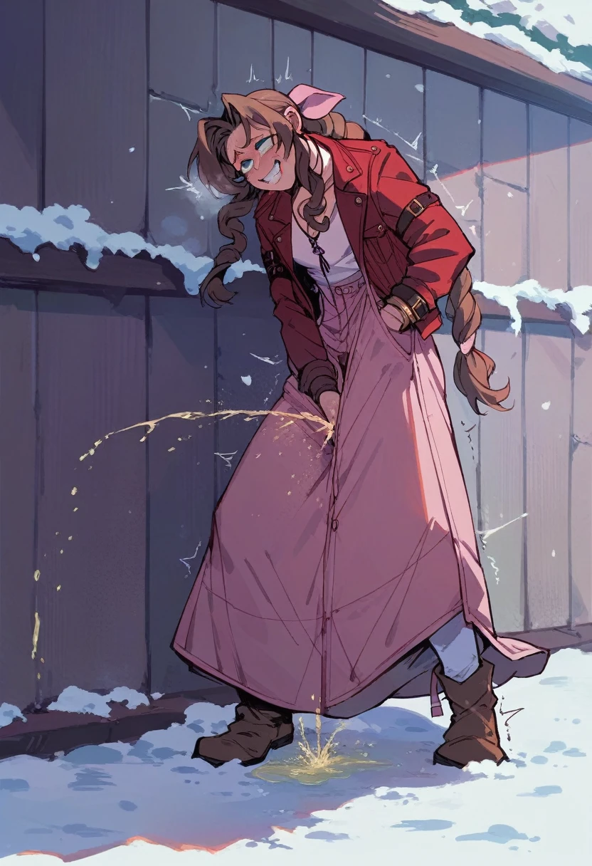 Aerith in a long coat and boots、Tipsy、Snow is piled up、Alone, trembling with an ahegao face, urinating、Masturbation、Long skirt、Pissing with panties on、Smirk、Rolling up the whites of one&#39;s eyes、Wide-open eyes、Mouth wide open with tongue sticking out、(10 Hearts)、Herahela、Looks happy、Drunk