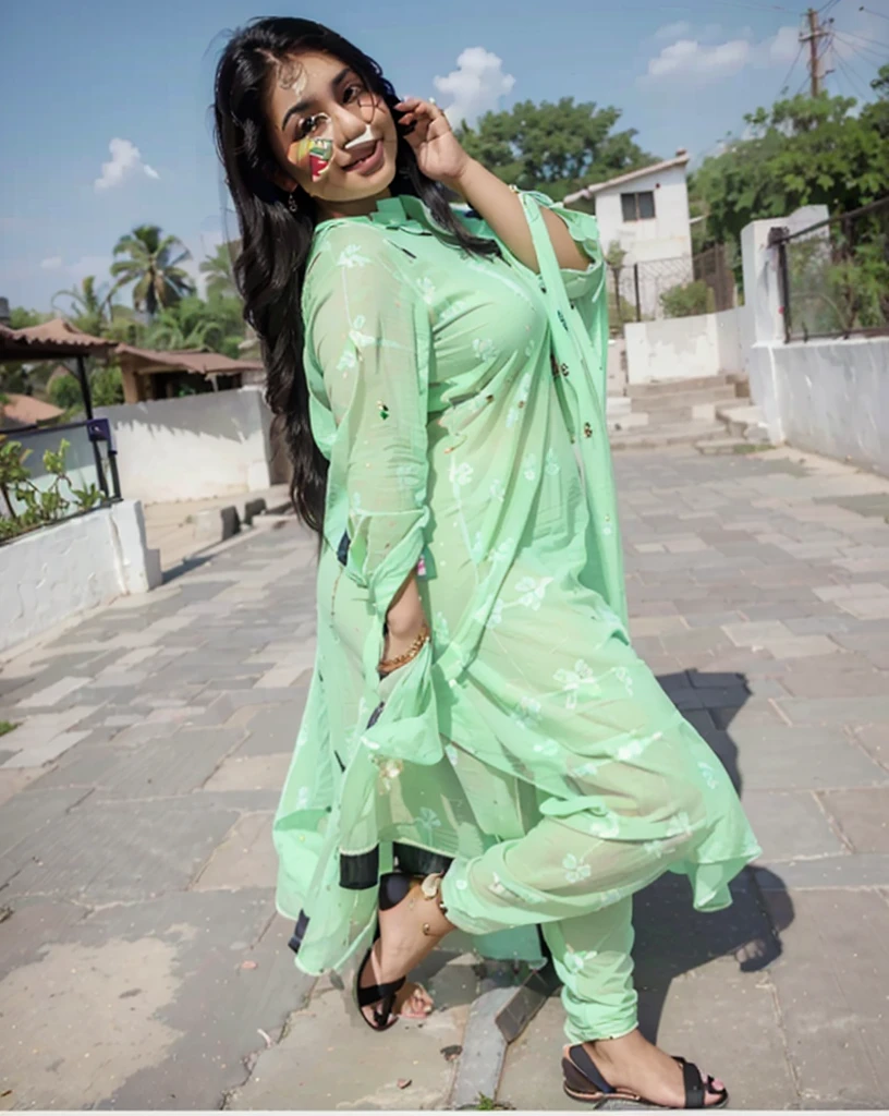 ((Masterpiece)), ((8k)),((ultra-high resolution)), Indian girl, thick figure, chubby face, fair skin, glowing skin, long black hairs, wearing printed kurta and salwar, seductive pose, seductive smile,