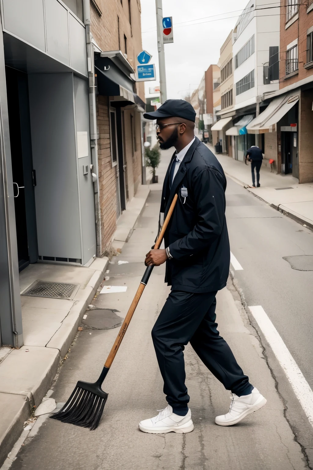 black man in prison clothes, sweeping the street, while a white man freely smokes marijuana.