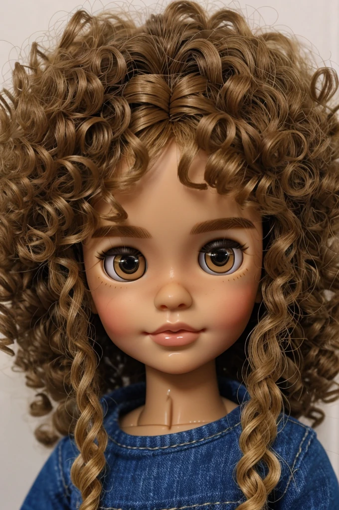 blythe doll, curly hair brown with highlights blonde hair, brown eyes, brown skin 