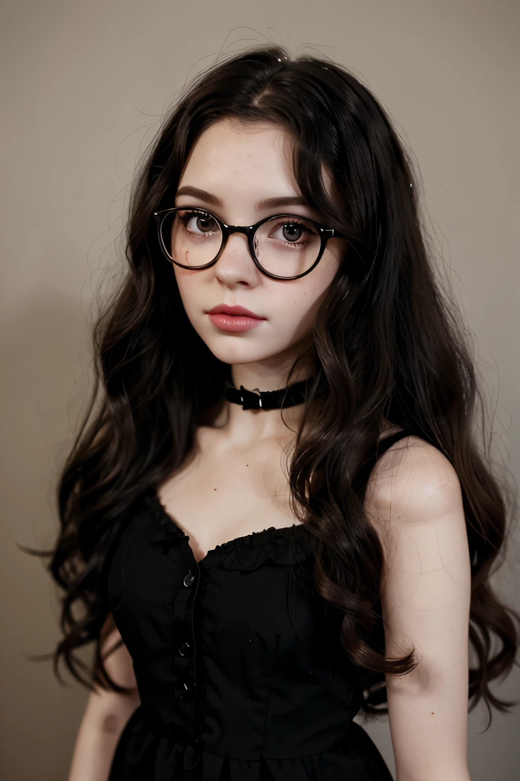 Blythe doll with black wavy hair, black glasses, light brown eyes, pink full lips, freckles, pale skin and dressed in black 