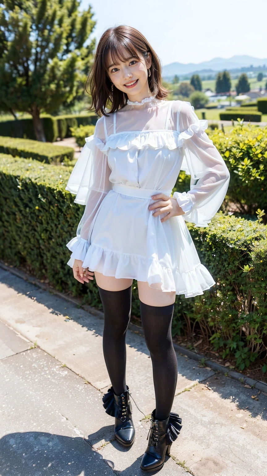 (8K、RAW Photos、Highest quality、masterpiece:1.2)、(Realistic、Realistic)、1 Girl、((Jacket、Black Mini Skirt、one piece、Frills、smile、Medium Hair、See-through、tights、boots、chest emphasis、whole body、garden、View from the front、Looking into the camera、Stand with your hands on your hips))、