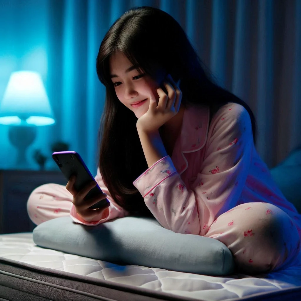 a 20 year old Indonesian girl was holding her chin while making a phone call on the bed , wearing pajamas to sleep, The background of the dark room is illuminated by the light of a bedroom lamp and the LED light glowing blue and pink