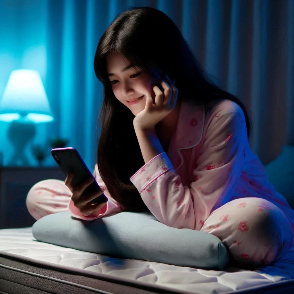 a 20 year old Indonesian girl was holding her chin while making a phone call on the bed , wearing pajamas to sleep, The background of the dark room is illuminated by the light of a bedroom lamp and the LED light glowing blue and pink