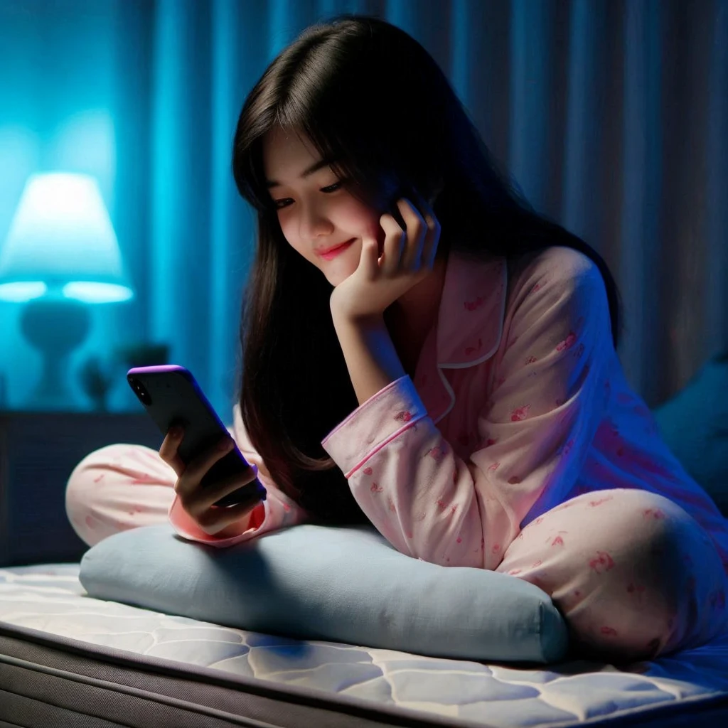 a 20 year old Indonesian girl was holding her chin while making a phone call on the bed , wearing pajamas to sleep, The background of the dark room is illuminated by the light of a bedroom lamp and the LED light glowing blue and pink 