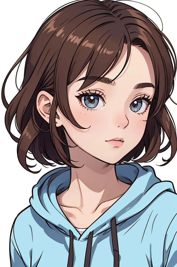 (((masterpiece, best quality, ultra highres, 1 girl, solo, white background))), super detailed skin and face and eyes and finger, beautiful japanese woman, small breasts:1.5, skinny, light brown hair, white background, very short pixie hair, (an illustration of girl), Knee shot, Generate with illustrations, Various expressions, Various poses, Please draw the entire character within the frame, ensuring that the head, arms, and legs are not cut off. The background should be simple, with the character positioned centrally, outline, anime, hoodie,