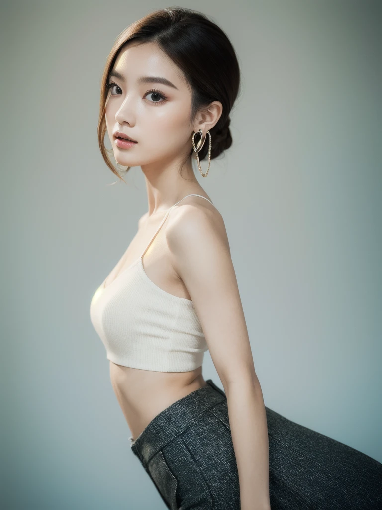 masterpiece, best quality, Solitary, 1 Girl, Bright skin, Hoop Earrings, Glamorous, Peculiar details, Smooth hair, Fascinating, Bare shoulders, Top of crop, trousers, Shallow depth of field, Contrasting, Professional Model, Facing forward, portrait