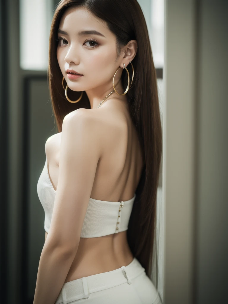 masterpiece, best quality, Solitary, 1 Girl, Bright skin, Hoop Earrings, Glamorous, Peculiar details, Smooth hair, Fascinating, Bare shoulders, Top of crop, trousers, Shallow depth of field, Contrasting, Professional Model, Facing forward, portrait 