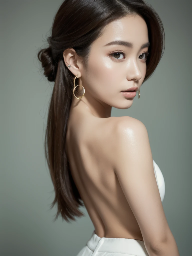 masterpiece, best quality, Solitary, 1 Girl, Bright skin, Hoop Earrings, Glamorous, Peculiar details, Smooth hair, Fascinating, Bare shoulders, Top of crop, trousers, Shallow depth of field, Contrasting, Professional Model, Facing forward, portrait