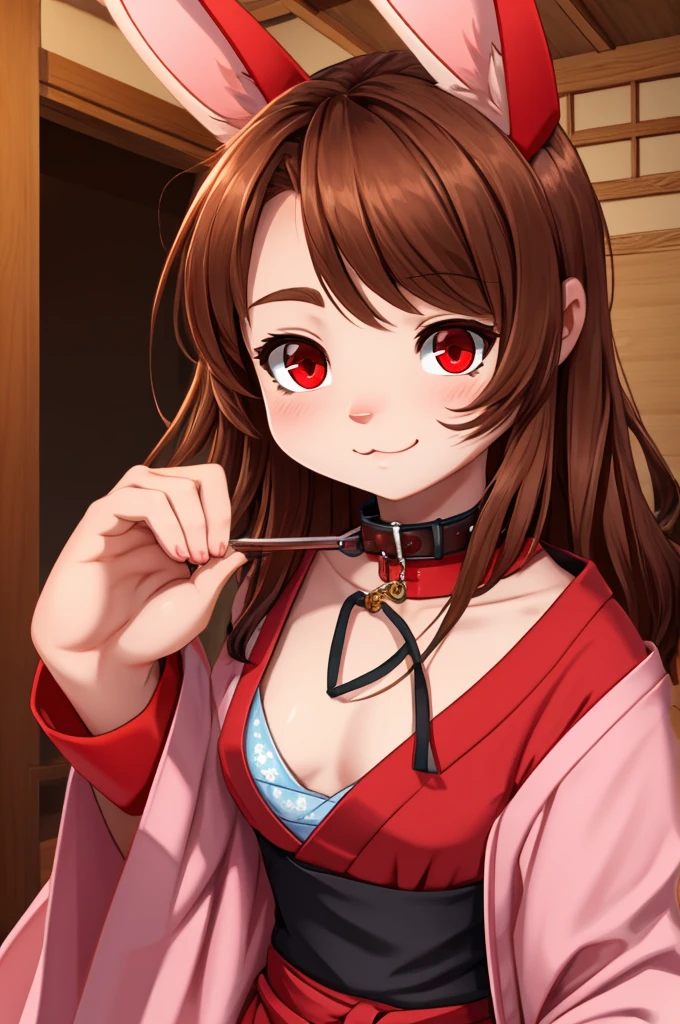 young furry cute little bunny girl with long messy brown hair, RED eyes, wearing a black and red Japanese , wearing a pink pet collar, family friendly
