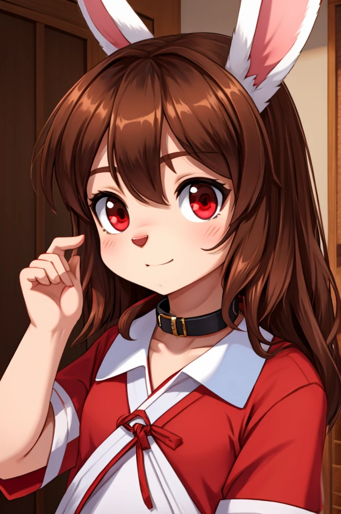 young furry cute little bunny girl with long messy brown hair, RED eyes, wearing a black and red Japanese , wearing a pink pet collar, family friendly
