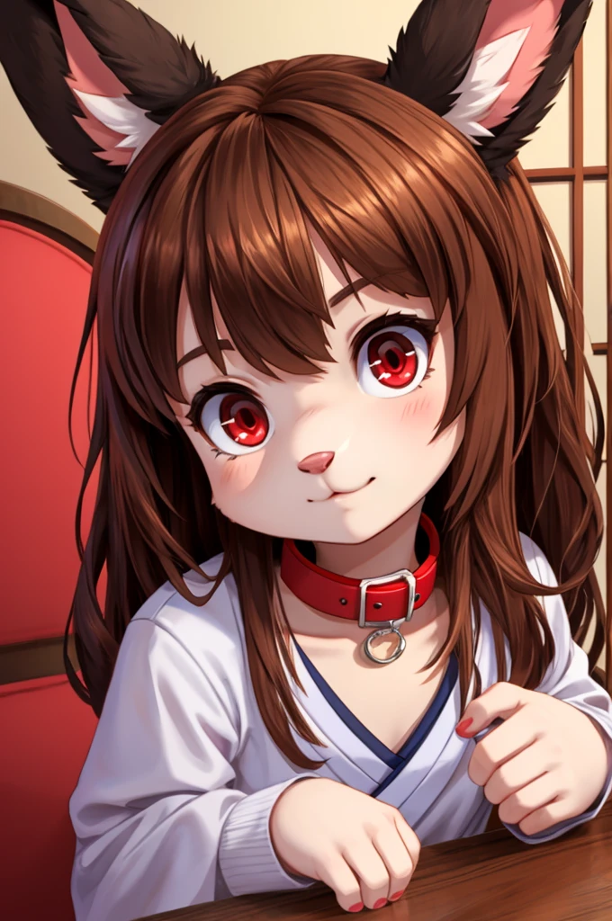 young furry cute little bunny girl with long messy brown hair, RED eyes, wearing a black and red Japanese , wearing a pink pet collar, family friendly
