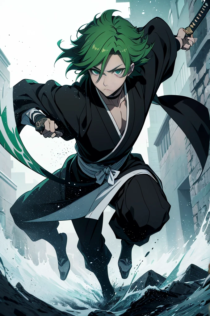 1 man, Cian hair and green eyes, bleach style, with a katana, detailed katana, black kimono, male focus, masterpiece, 16k, uhd, high definition, full body, image of full body, all body, beautiful eyes, (((perfect eyes))), (((detailed eyes))) 