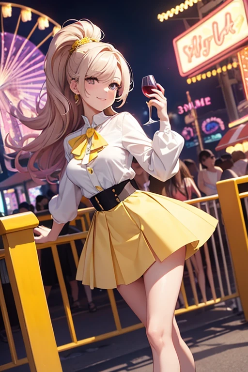 8k, beautiful woman, whole body, high volume hair, split pompadour, wine hair, A white blouse, yellow miniskirt, two bare legs, two bare arms, purple heels, patent heels. Amusement park background, smile, open space, slanted eyes, perfect body.