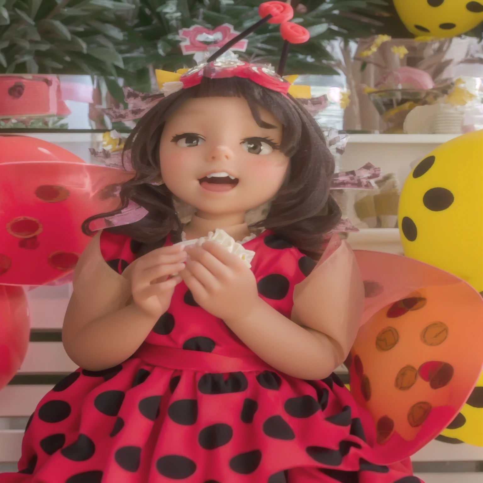 Create an HD image of a 2 year old girl, dressed as Disney princess Vanellope von Schweetz, eating a lollipop at your birthday party. The photo should capture the joy and fun of the moment, highlighting the detailed costume Vanellope is wearing. The party atmosphere should be colorful and festive, with decorations that complement the princess theme. The aesthetics should resemble the photos available on the Pexels website, with high quality and a magical touch.