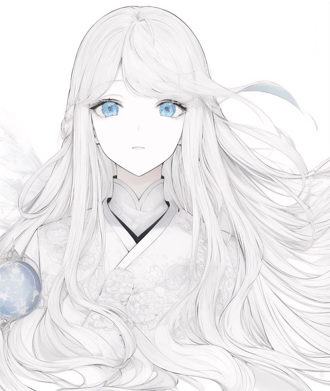 1 girl, 25 years old, elfm long blonde hair, blue eyes, gradient, aura blue, ice magic, japanese clothes, 2d, masterpiece, best quality, anime, highly detailed face, white background, perfect lighting, looking at viewver, portrait,