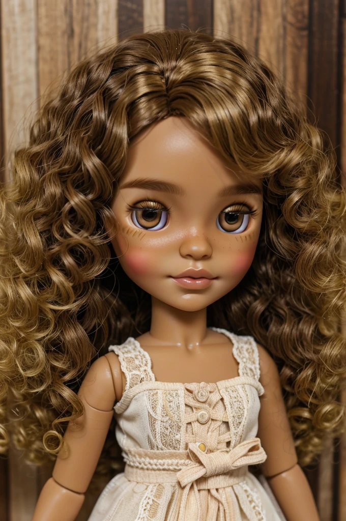 blythe doll, curly hair brown with highlights blonde hair, brown eyes, brown skin 