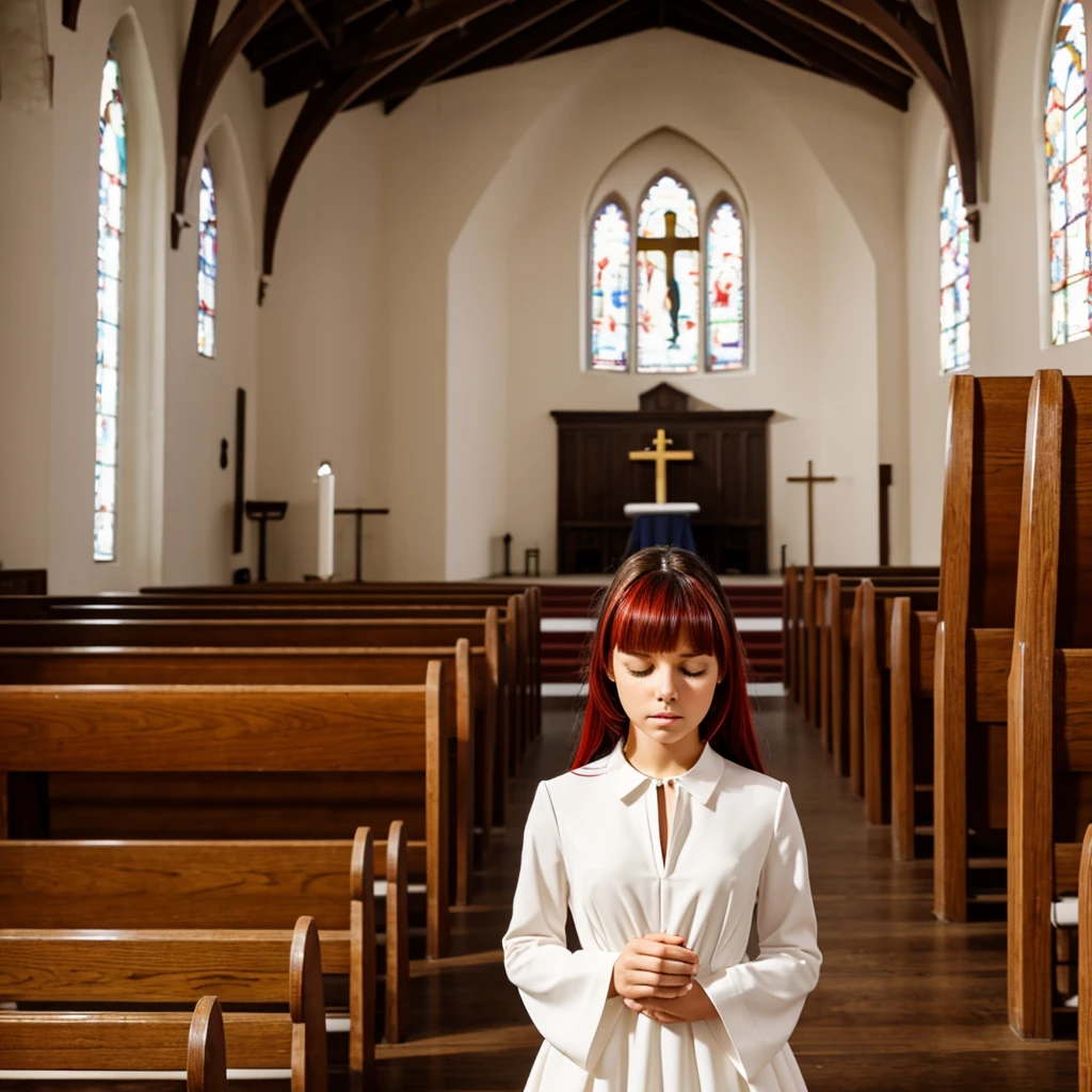 Inside the church were black Interior design With white benches. One girl standing on the altar hair red with bangs is covering her eyes, no clothes