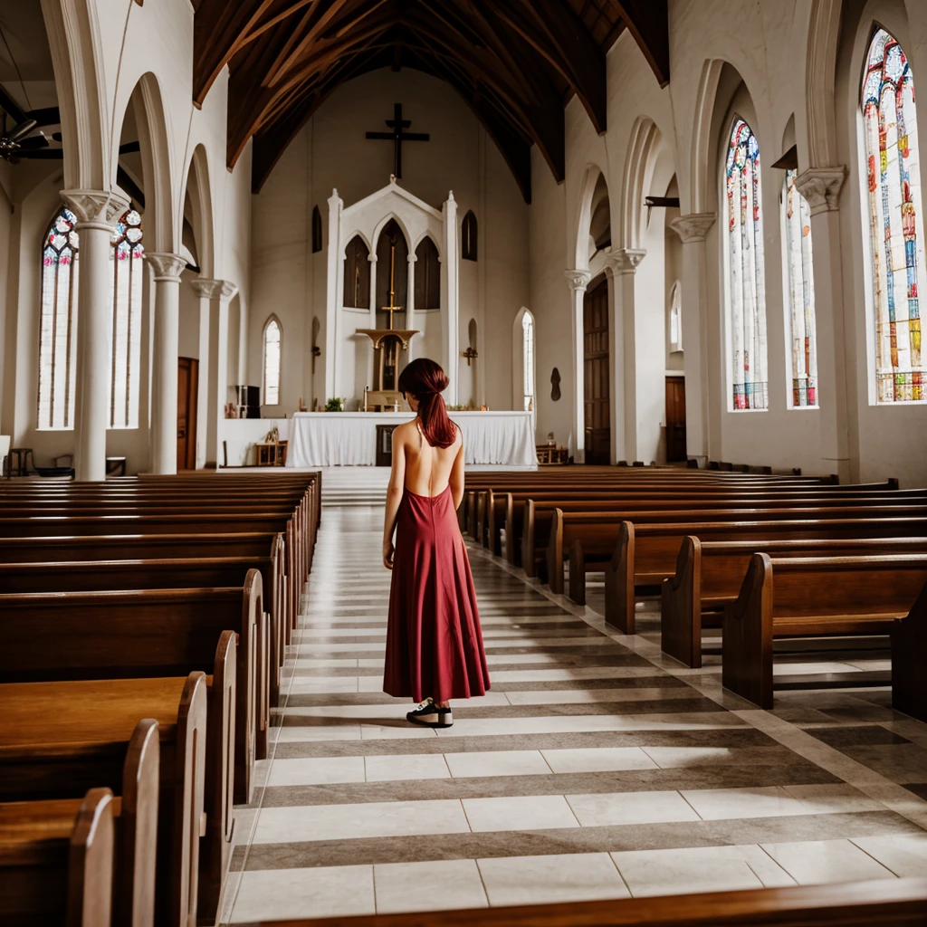 Inside the church were black Interior design With white benches. One girl standing on the altar hair red with bangs is covering her eyes, no clothes