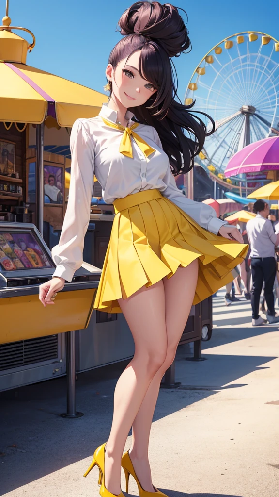 8k, beautiful woman, whole body, high volume hair, split pompadour, wine hair, A white blouse, yellow miniskirt, two bare legs, two bare arms, purple heels, patent heels. Amusement park background, smile, open space, slanted eyes, perfect body.