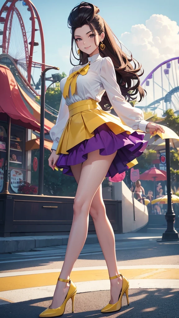 8k, beautiful woman, whole body, high volume hair, split pompadour, wine hair, A white blouse, yellow miniskirt, two bare legs, two bare arms, purple heels, patent heels. Amusement park background, smile, open space, slanted eyes, perfect body.