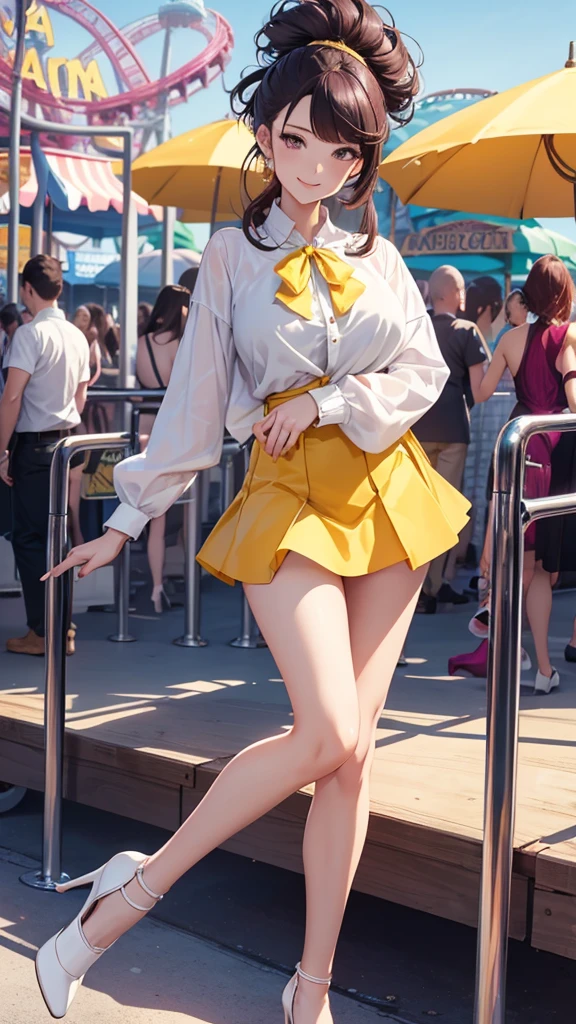 8k, beautiful woman, whole body, high volume hair, split pompadour, wine hair, A white blouse, yellow miniskirt, two bare legs, two bare arms, purple heels, patent heels. Amusement park background, smile, open space, slanted eyes, perfect body.