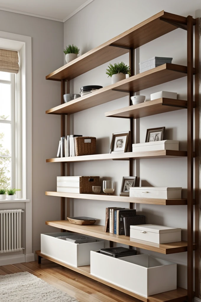 Give me a picture of a melamine shelf in a room.