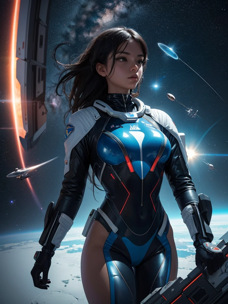 1 Girl,Solitary,best quality, masterpiece, 8K,RAW photos, 2510, A futuristic sexy space woman wearing a tight bikini-style space suit, Explore space from a giant viewing screen.