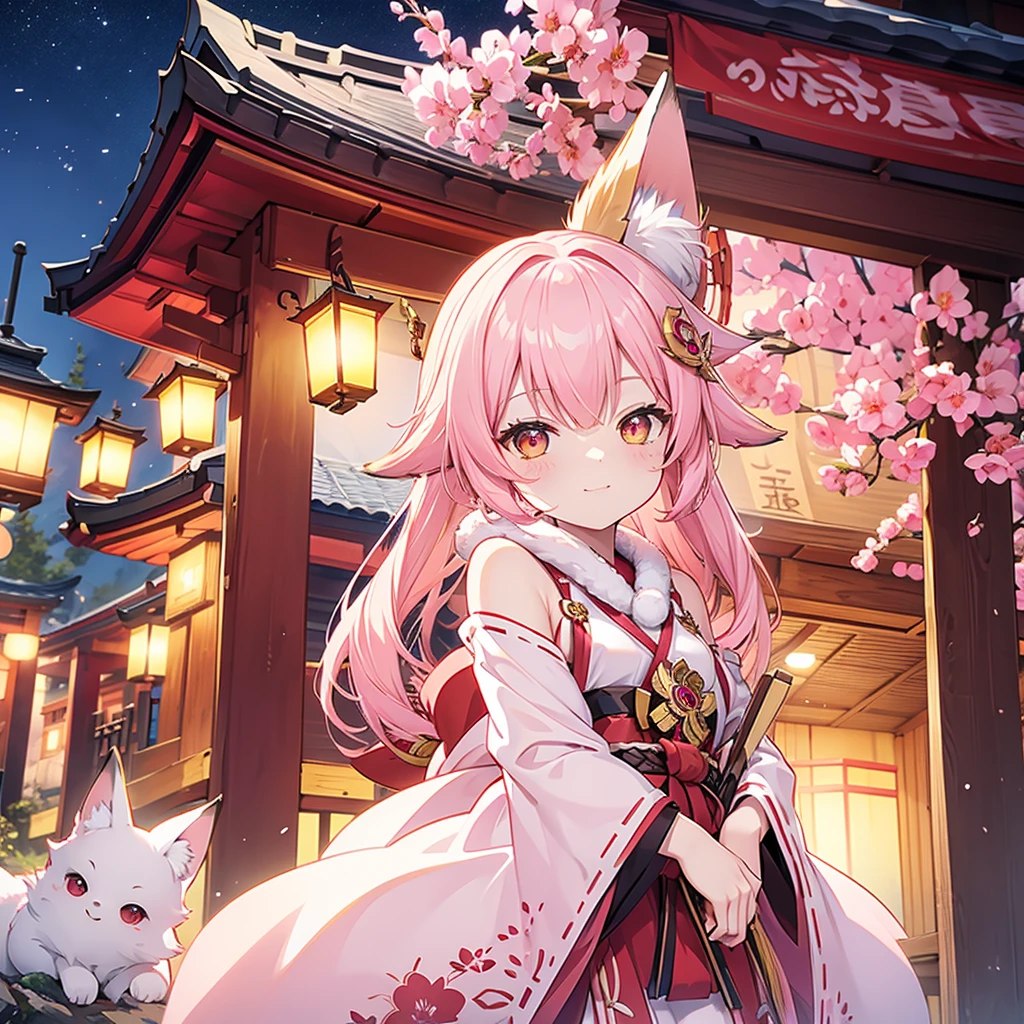 fox maiden, shrine, maiden, pink fur, miko clothing, joyful, pink fox ears, night, lanterns