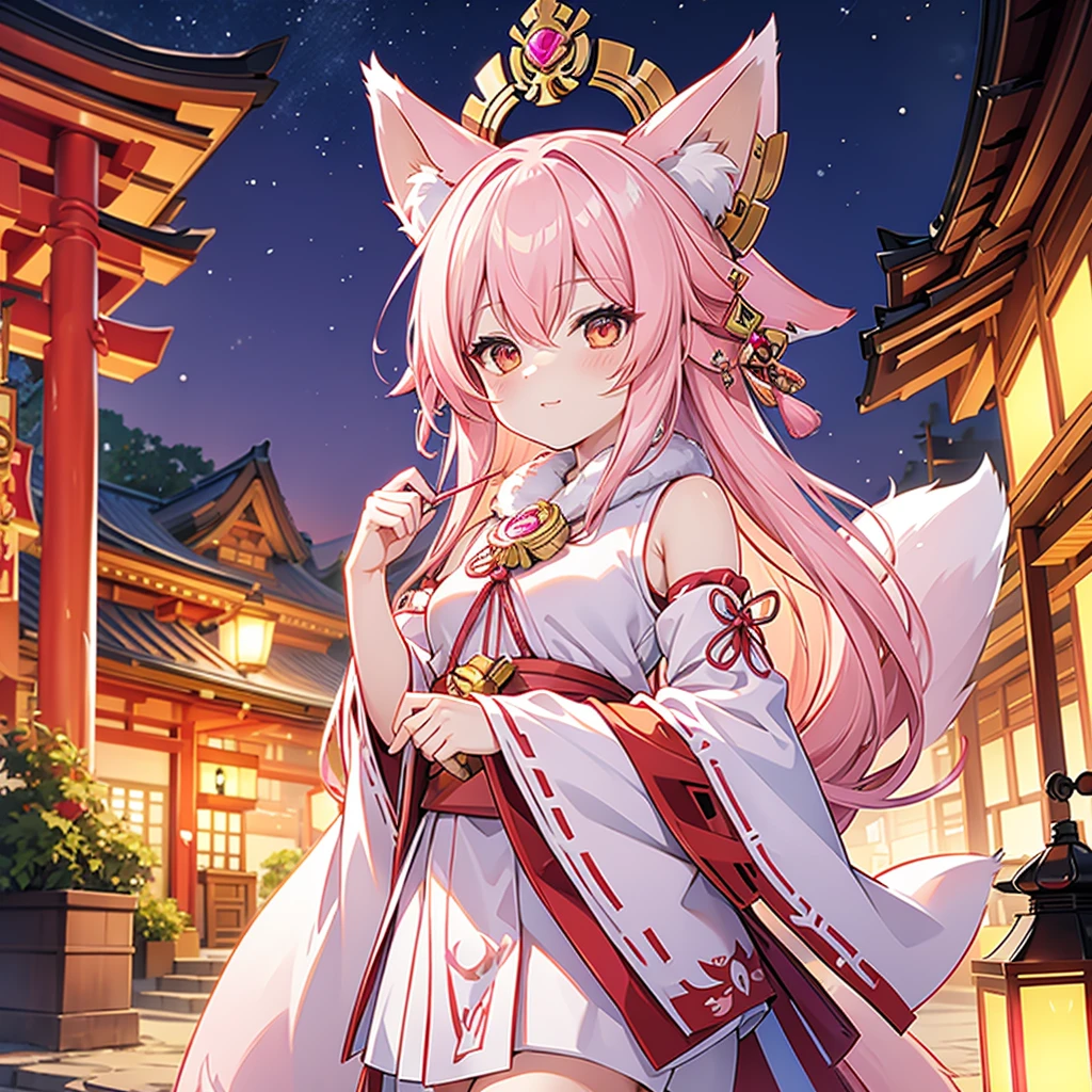 fox maiden, shrine, maiden, pink fur, miko clothing, joyful, pink fox ears, night, lanterns