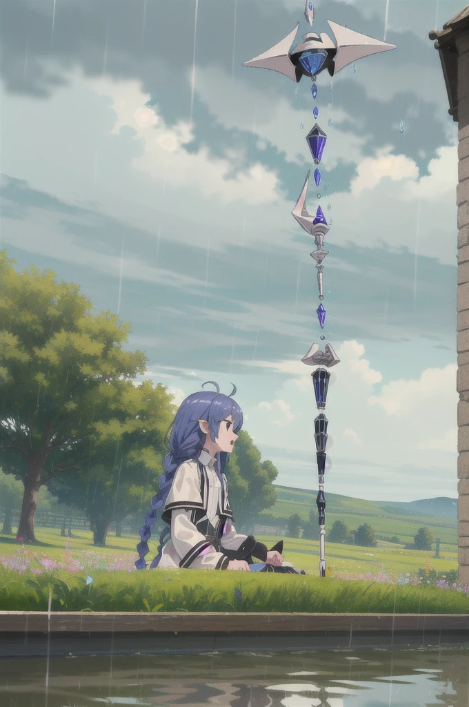 (Masterpiece:1.4), (Best Quality:1.4), (((pixel perfect, perfect detail))), 1 girl, Alone, roxy migurdia, blue fur, wide, hair between the eyes, braid, He drowned, Blue eyes, small breasts, white shirt with solarium, long sleeves, wide sleeves, white capelet, black skirt, White boots, (Assistant Staff, retention staff, cast spell, floating clothing, by the floating, water magic, dark cloud, Heavy Rain, Serious, Open mouth:1.45), (dead:1.3), (outdoor, Meadow, tree:1.35), (detailed:1.3), Department, Department colors, 2D, (cheered up:1.45), holding hamburger