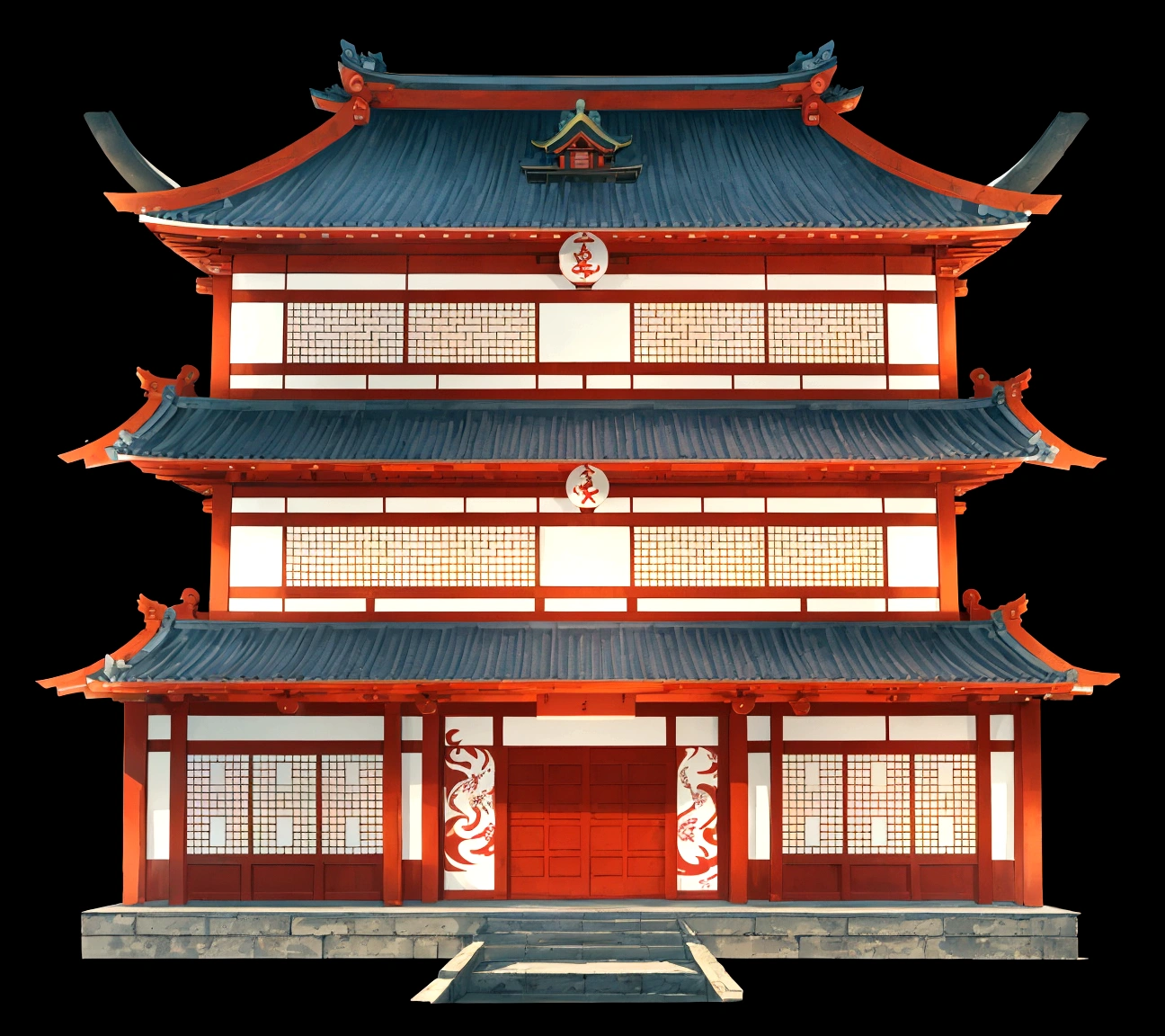 a large building with a red door and a blue roof, ancient japanese architecture, japanese temple, an extremely detailed building, digital painting of a pagoda, japanese house, zen temple background, european japanese buildings, japanese architecture, chinese building, japanese temples, cyberpunk japanese temple, inspired by Itō Jakuchū, inspired by Tōshi Yoshida